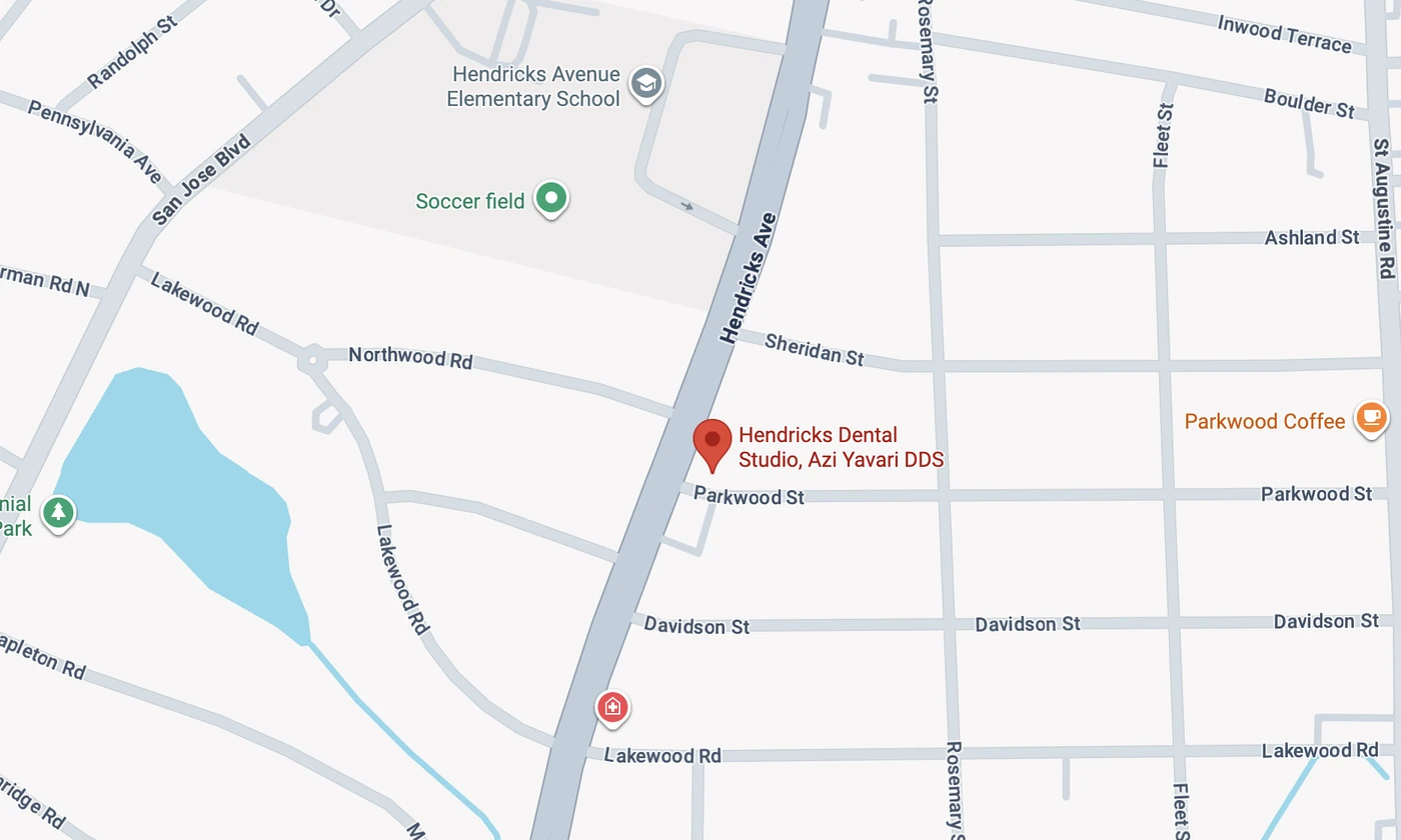 Static street map showing Hendricks Dental Studio on Hendricks Avenue near Parkwood Street